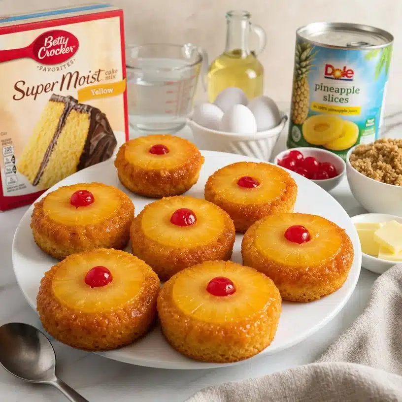 Mini Pineapple Upside Down Cakes 3 Mini Pineapple Upside Down Cakes served on a plate with cherries on top.
