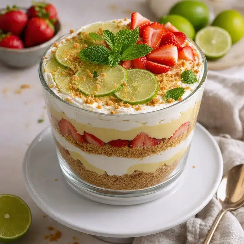 No-Bake Key Lime Pie Trifle in a glass with whipped cream and lime zest