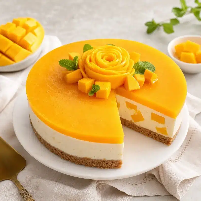 No Bake Mango Cheesecake with Mango Jelly 3 No Bake Mango Cheesecake topped with vibrant Mango Jelly