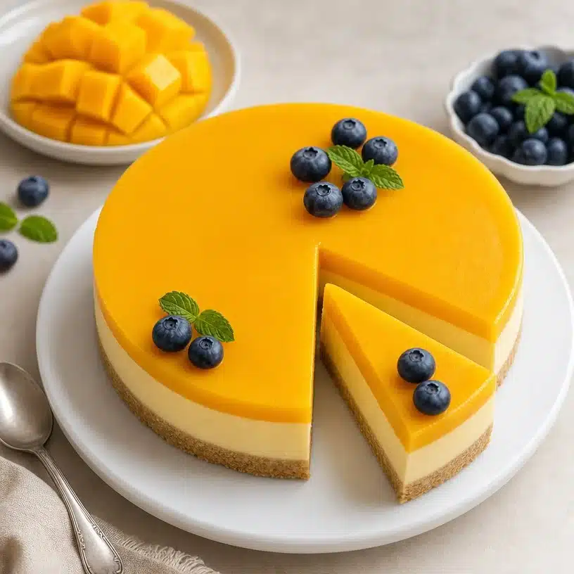 No-Bake Mango Panna Cotta 3 Delicious no-bake mango panna cotta dessert in a glass with fresh mango