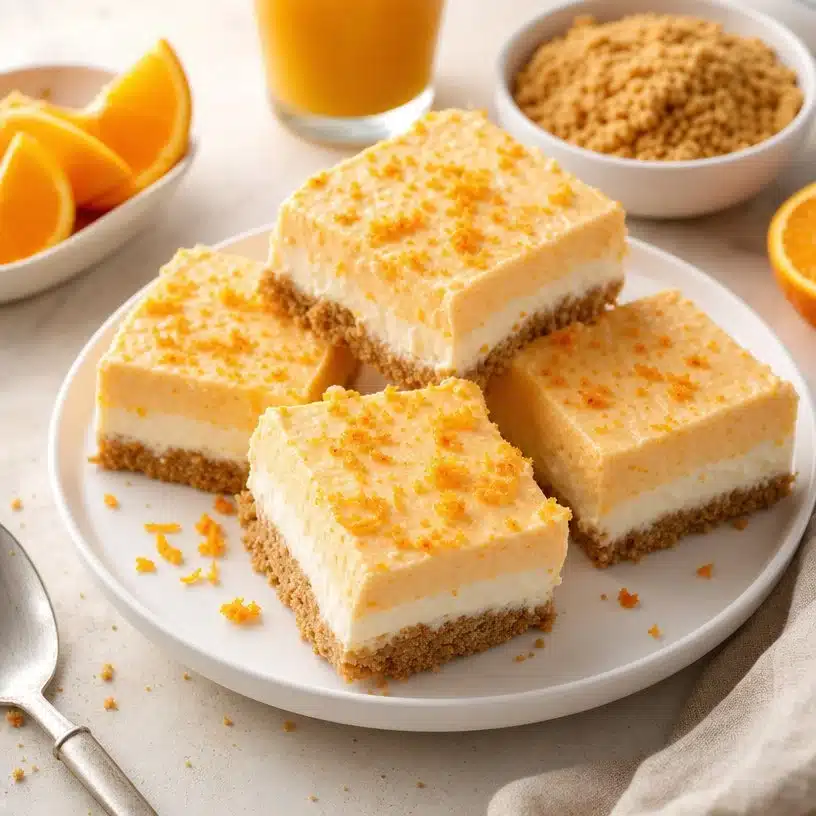No-Bake Orange Creamsicle Dream Bars 3 No-bake orange creamsicle dream bars on a plate