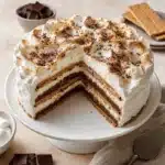 No Bake S'mores Cake with layers of chocolate, marshmallow, and graham cracker