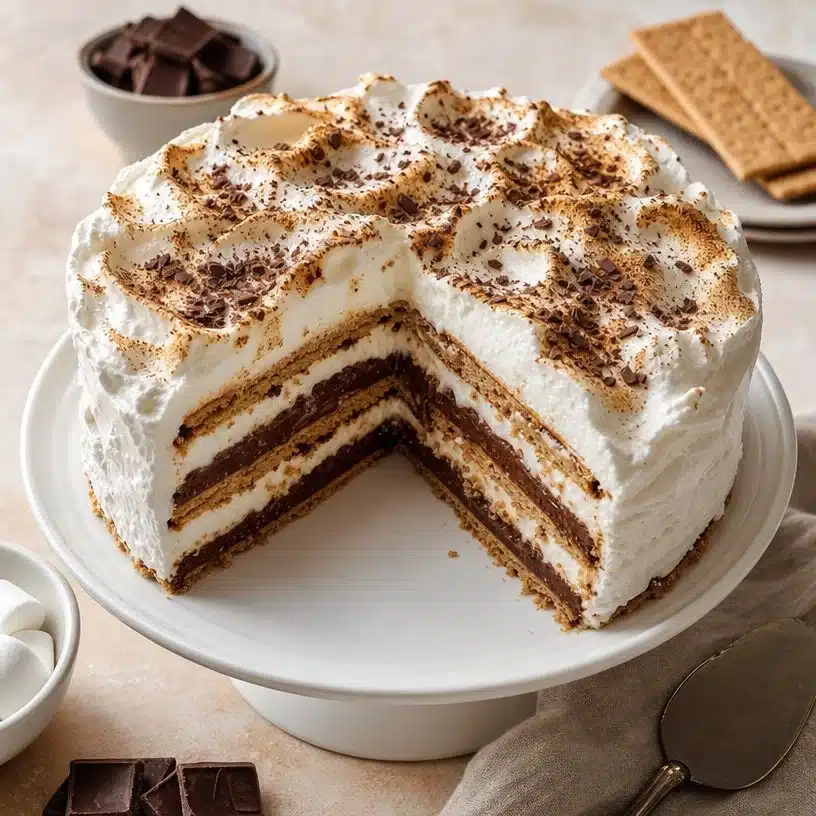 No Bake S'mores Cake with layers of chocolate, marshmallow, and graham cracker