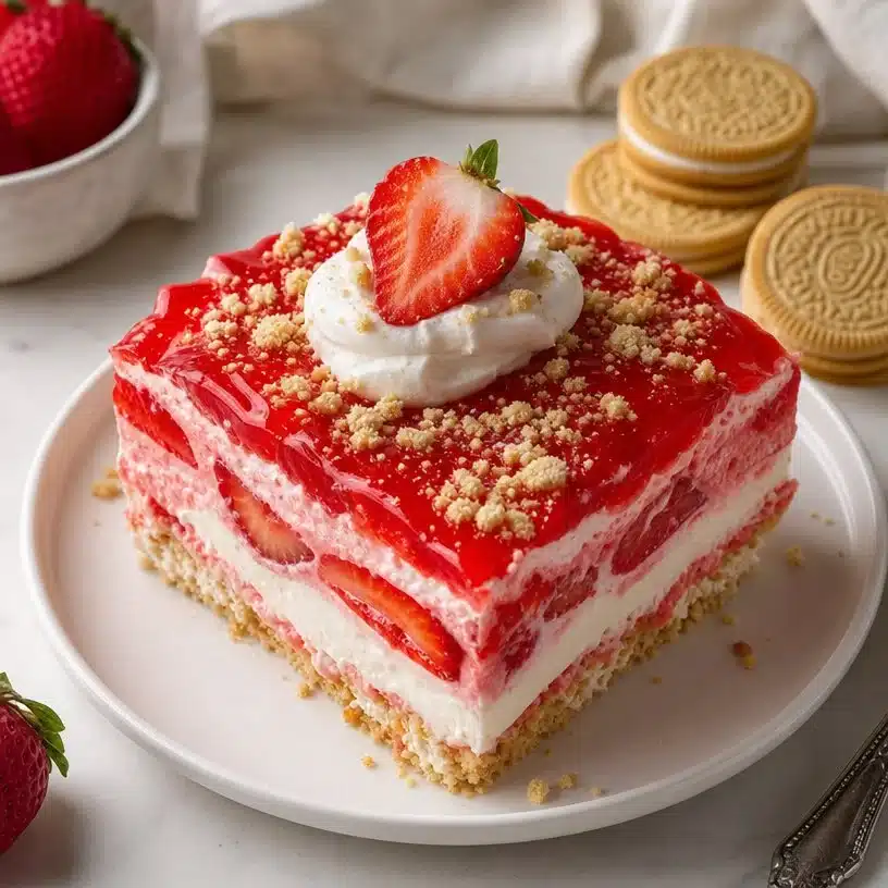 Layered no-bake strawberry jello lasagna dessert with cream cheese and strawberries