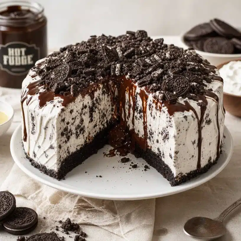 Oreo Ice Cream Cake 3 Delicious Oreo Ice Cream Cake topped with crushed Oreos and chocolate drizzle