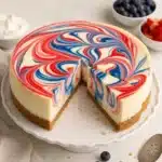 Patriotic Swirl Cheesecake with red, white, and blue swirls for festive celebrations.