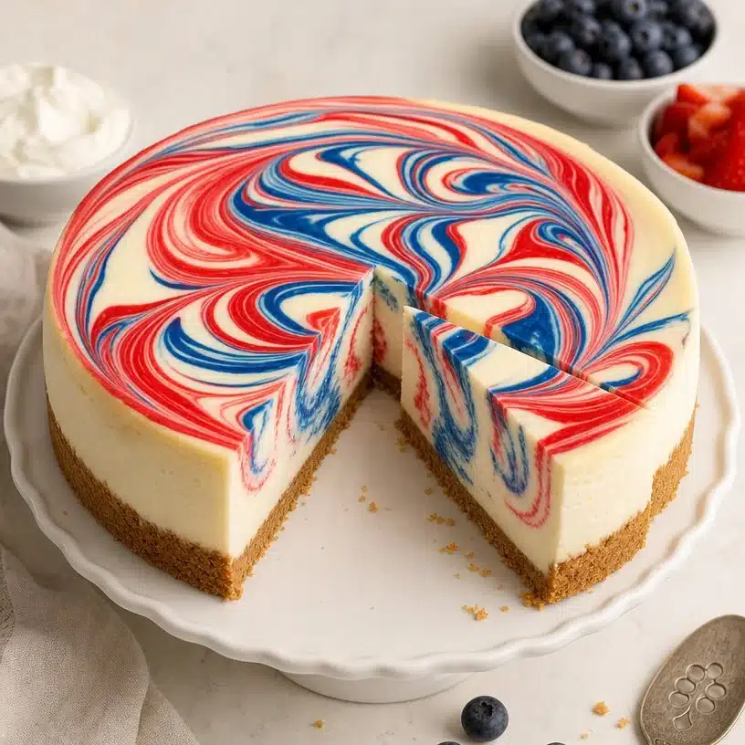 Patriotic Swirl Cheesecake with red, white, and blue swirls for festive celebrations.