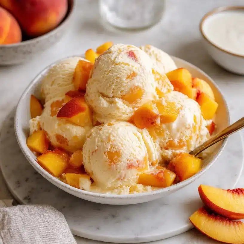 Delicious homemade peach ice cream in a bowl with fresh peaches