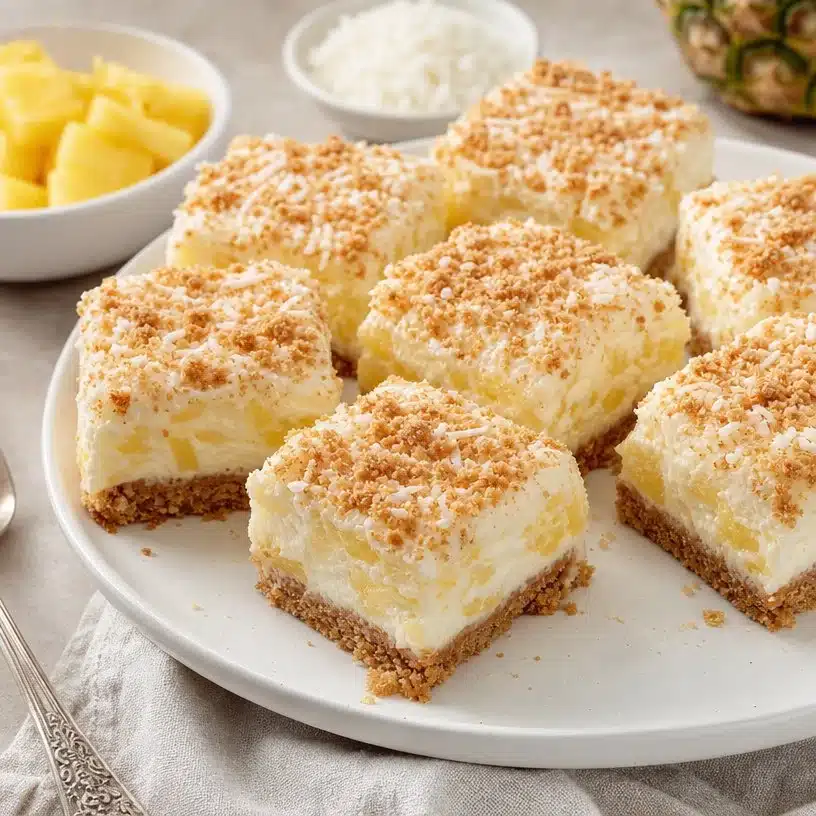 Pineapple Bliss Bars 3 Delicious Pineapple Bliss Bars topped with coconut flakes and fresh pineapple