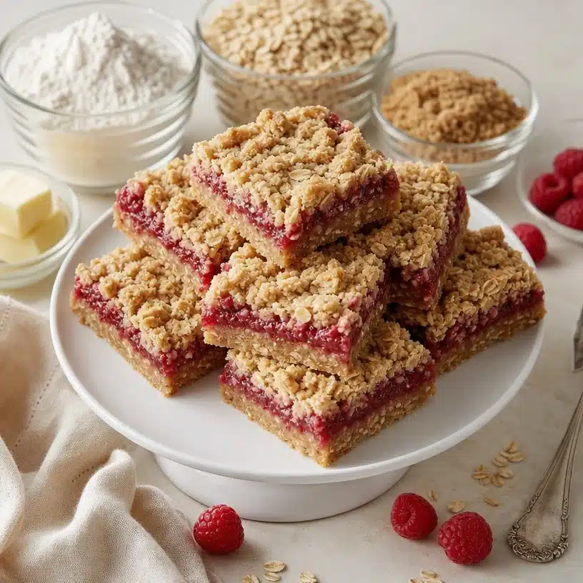 Freshly baked raspberry oatmeal crumble bars topped with oats and raspberries.