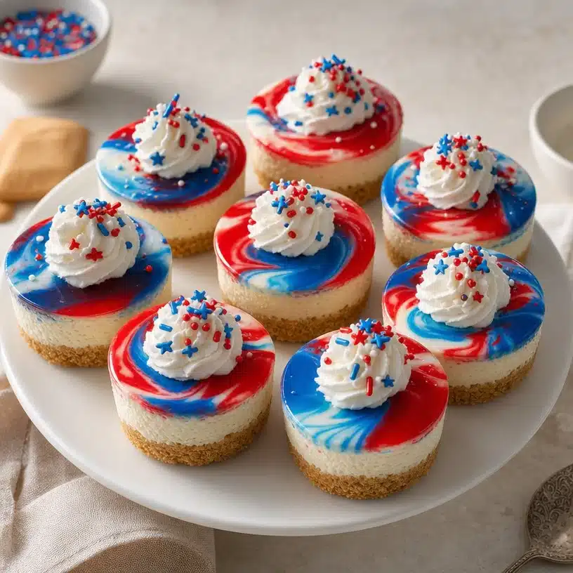 Red, White and Blue Mini Cheesecakes 3 Delicious Red, White and Blue Mini Cheesecakes topped with berries