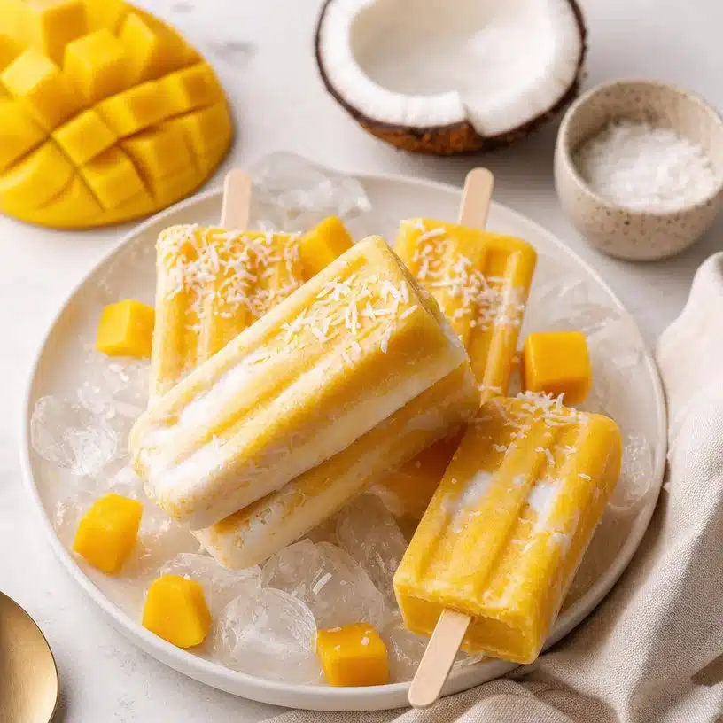 Refreshing Coconut Mango Popsicles Recipe for Summer Bliss 3 Refreshing coconut mango popsicles served on a sunny day