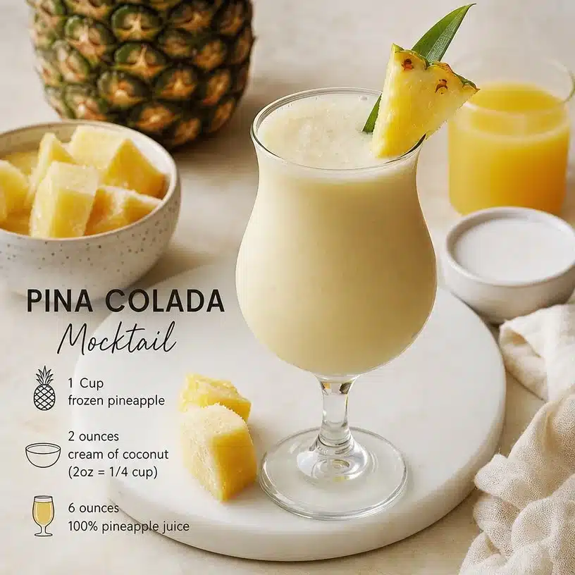 Refreshing Pina Colada Mocktail with tropical garnishes in a glass