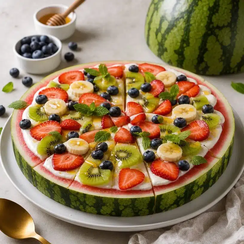 Refreshing watermelon pizza slices topped with fresh fruits and mint