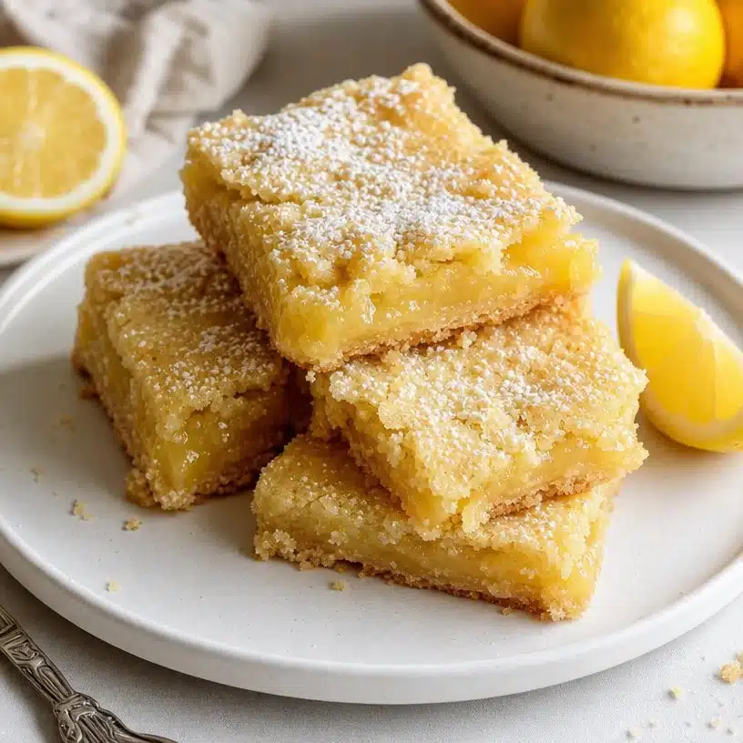 Soft lemon cookie bars with gooey lemon filling on a plate