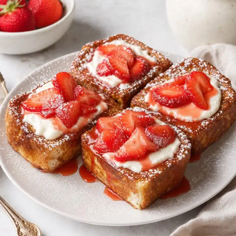 Strawberry Cheesecake French Toast 3 Delicious Strawberry Cheesecake French Toast topped with fresh strawberries