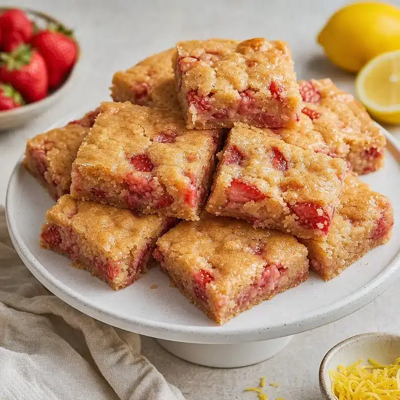 Strawberry Lemon Blondies 3 Delicious homemade strawberry lemon blondies on a plate with fresh strawberries