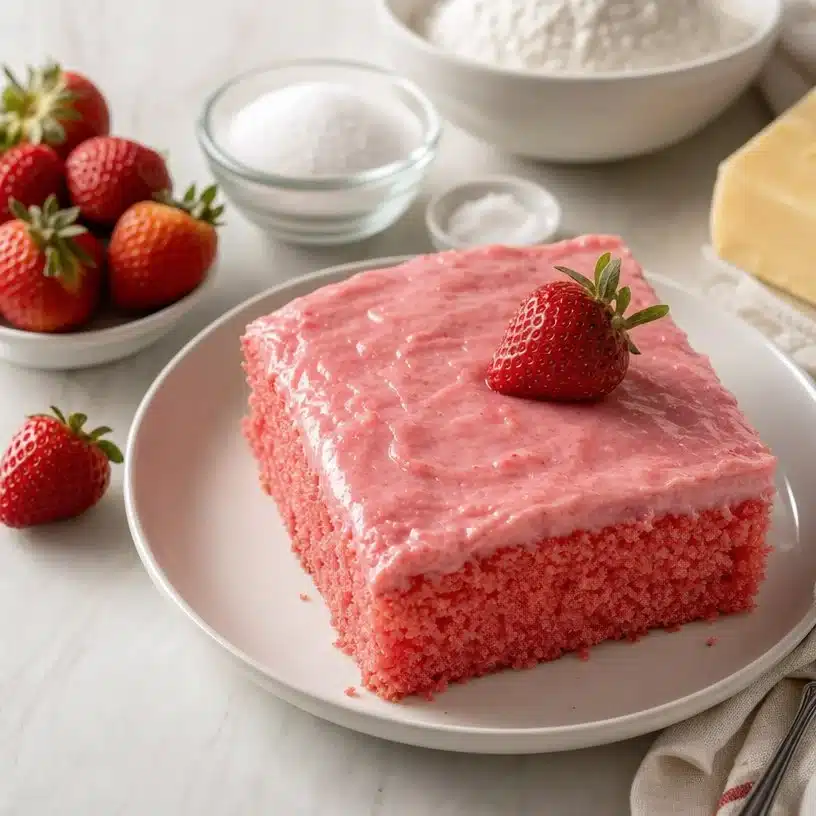 Strawberry Texas Sheet Cake 3 Delicious Strawberry Texas Sheet Cake topped with fresh strawberries and icing