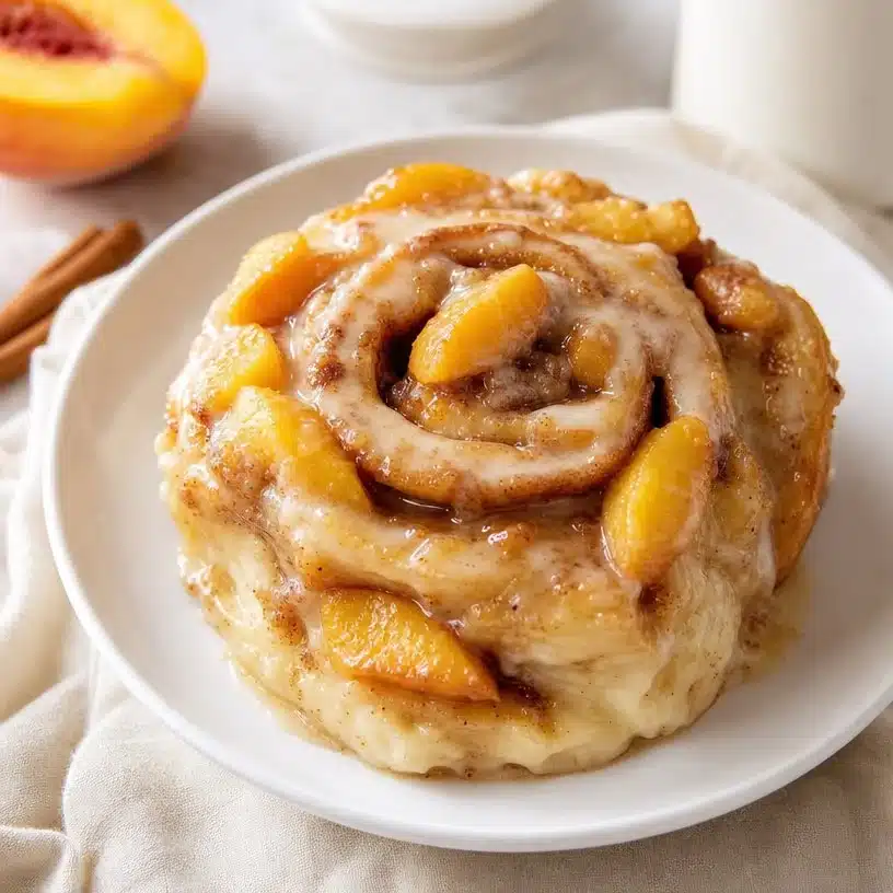 Sweet Peach Cobbler Cinnamon Rolls topped with cinnamon and peach slices