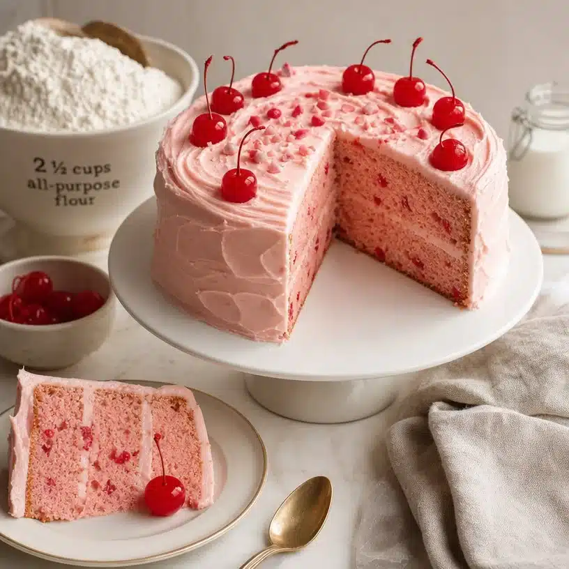 Vintage Maraschino Cherry Cake topped with cherries and whipped cream