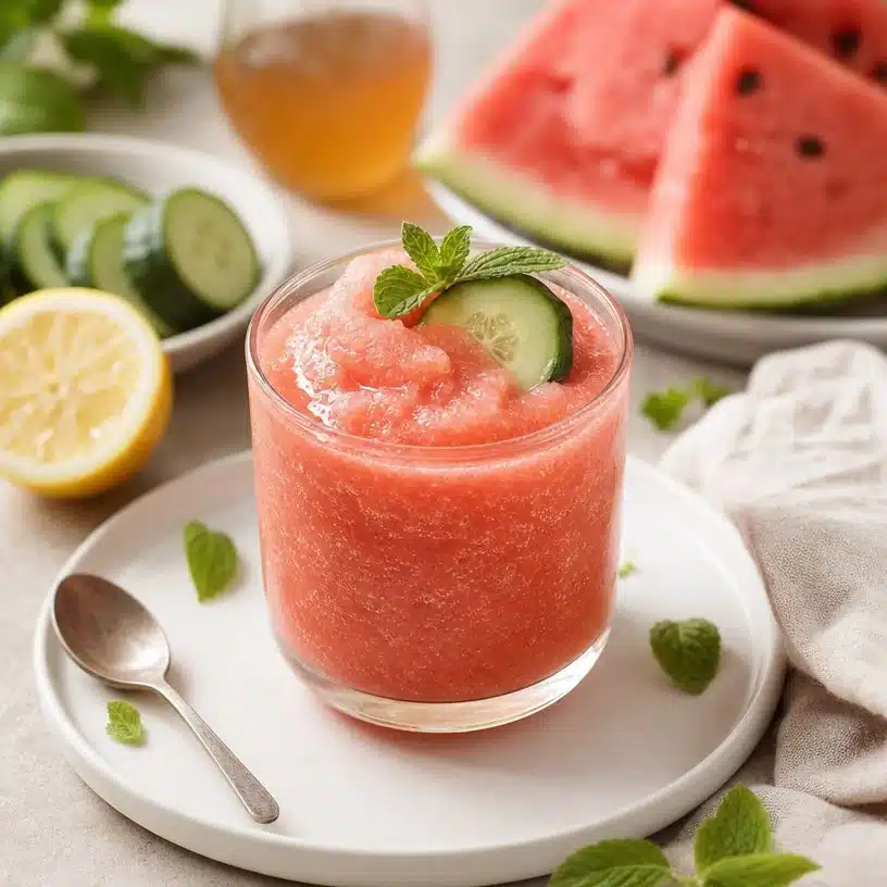 A refreshing Watermelon Cucumber Slushie in a glass with mint leaves