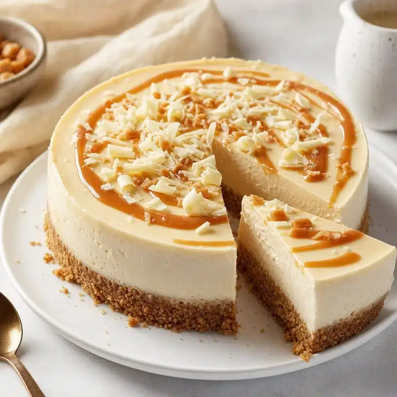 White Chocolate Caramel Cheesecake 3 Delicious white chocolate caramel cheesecake with a creamy top and caramel drizzle