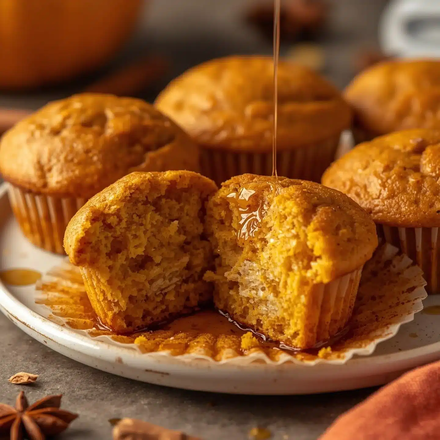 Fluffy pumpkin pancake muffins stacked on a plate for a cozy fall breakfast