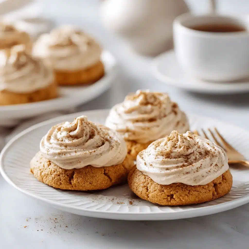 Delicious vegan pumpkin cookies with cinnamon frosting on a white plate