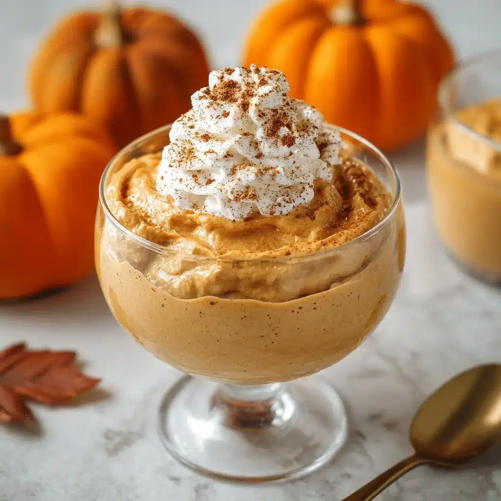 Delicious creamy pumpkin mousse served in a bowl, topped with whipped cream and spices.