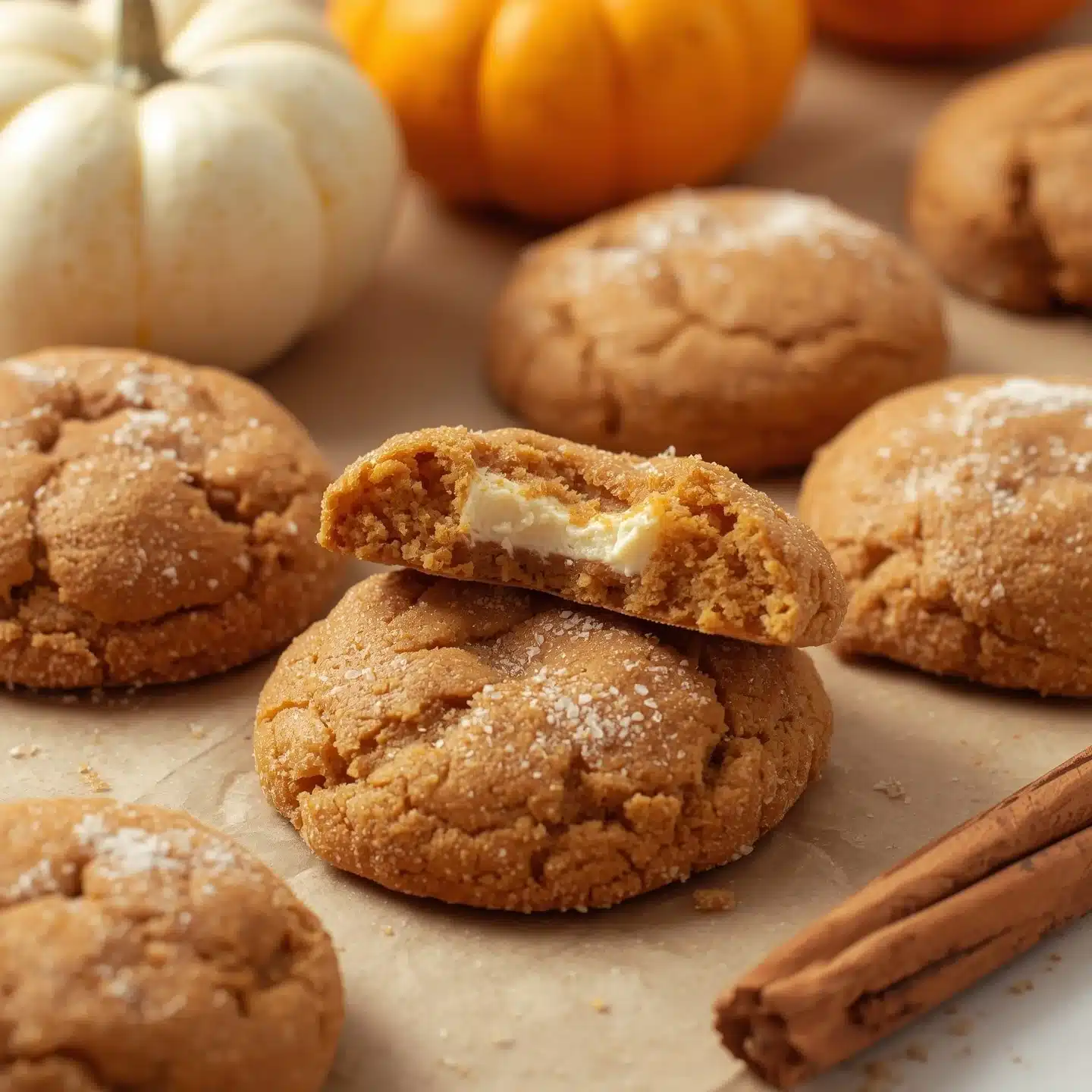 Creamy swirled pumpkin cookies with cheesecake filling on a wooden table