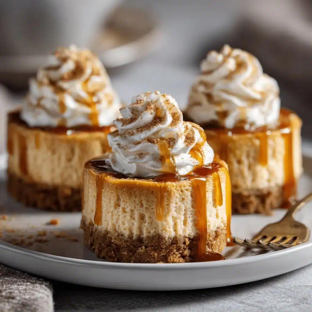 Fall-Ready Creamy Pumpkin Cheesecake Minis You Can Feel Good About 3 Creamy pumpkin cheesecake minis displayed on a rustic wooden table