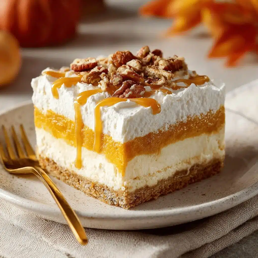 Silky pumpkin dessert layered with creamy filling and topped with spices