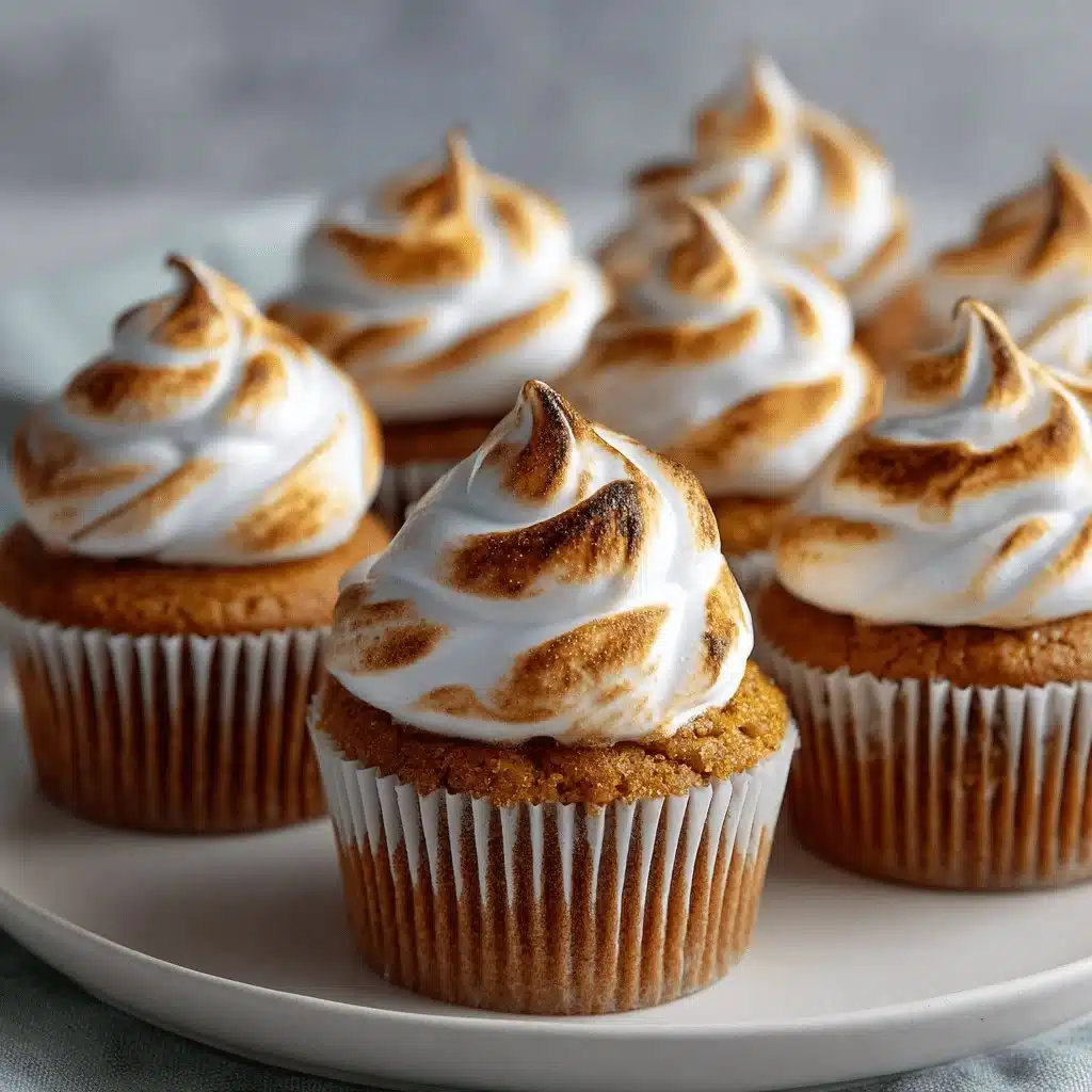 Spiced Sweet Potato Cupcakes with Toasted Ginger Meringue 3 Spiced sweet potato cupcakes with toasted ginger meringue on a rustic table.