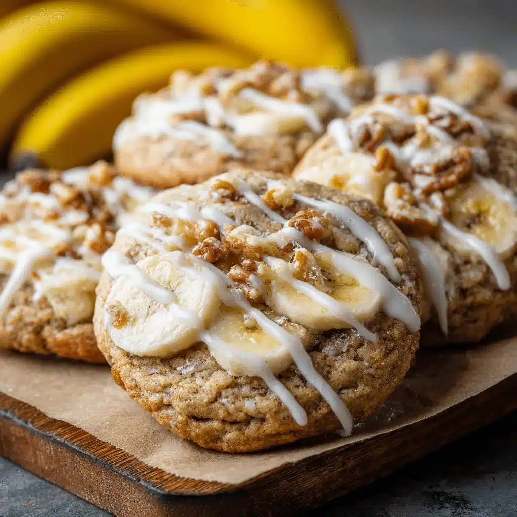 Delicious banana bread cookies topped with cream cheese glaze, inspired by Crumbl.
