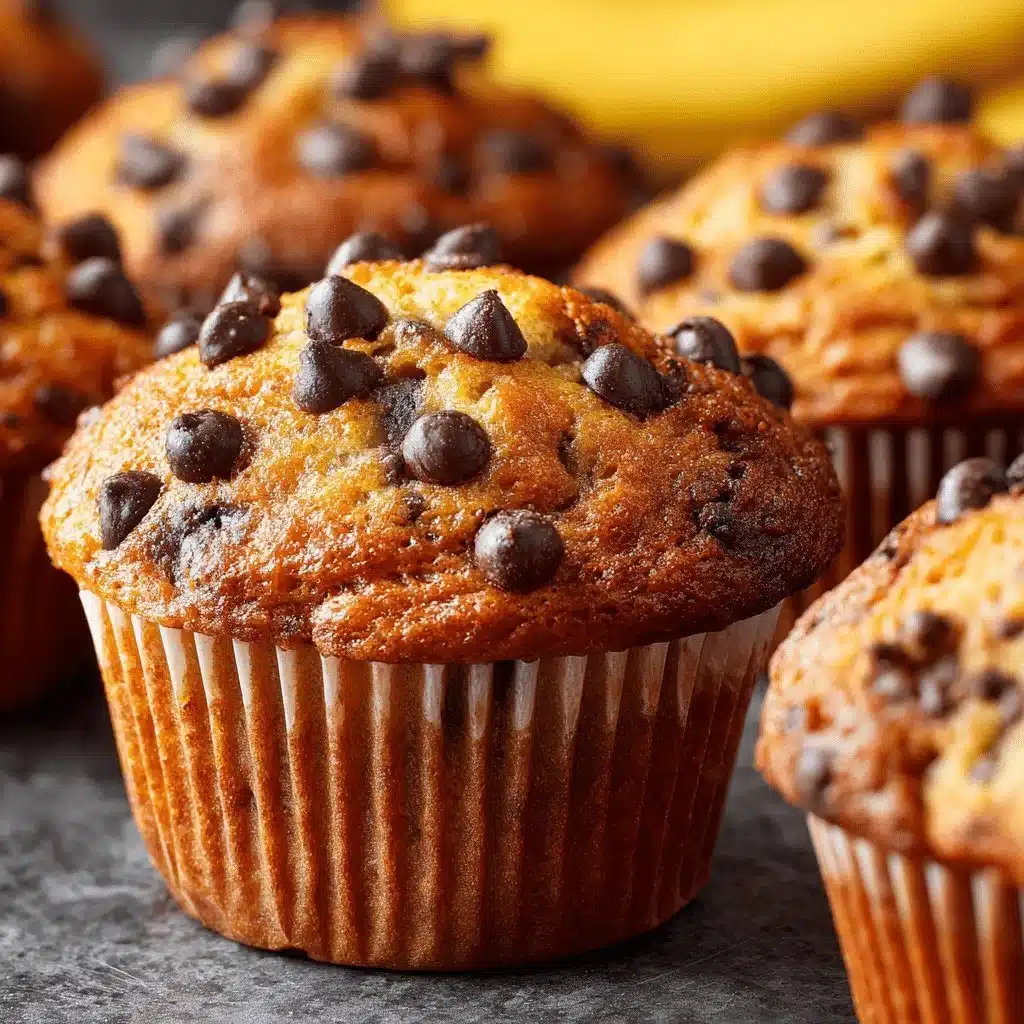 Banana Muffins with Greek Yogurt and Chocolate Chips 3 Banana muffins with Greek yogurt and chocolate chips on a wooden table