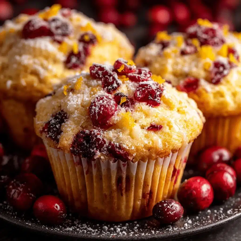 Bright Cranberry-Orange Muffins with a Tangy Citrus Glaze 3 Delicious Cranberry-Orange Muffins with a tangy citrus glaze on top.
