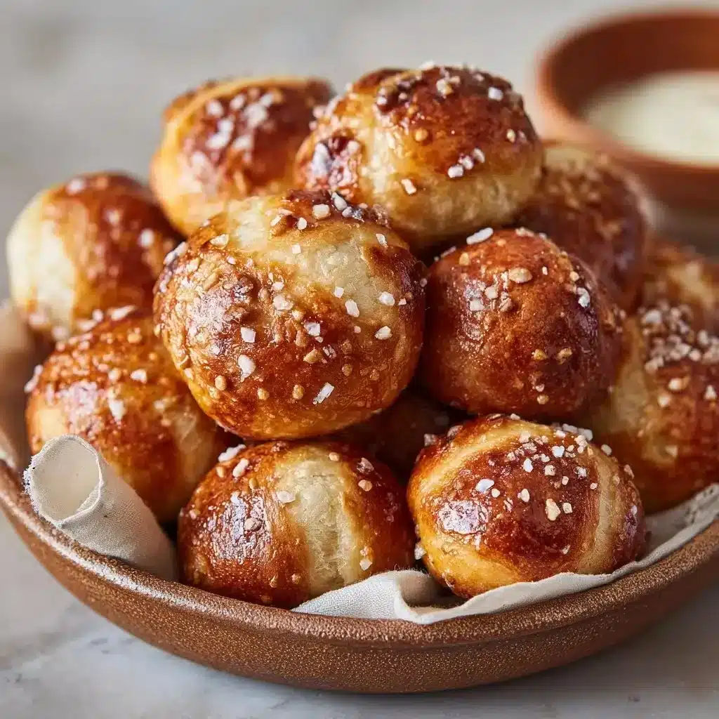 Chewy sourdough pretzel bites served with mustard sauce on a wooden board.