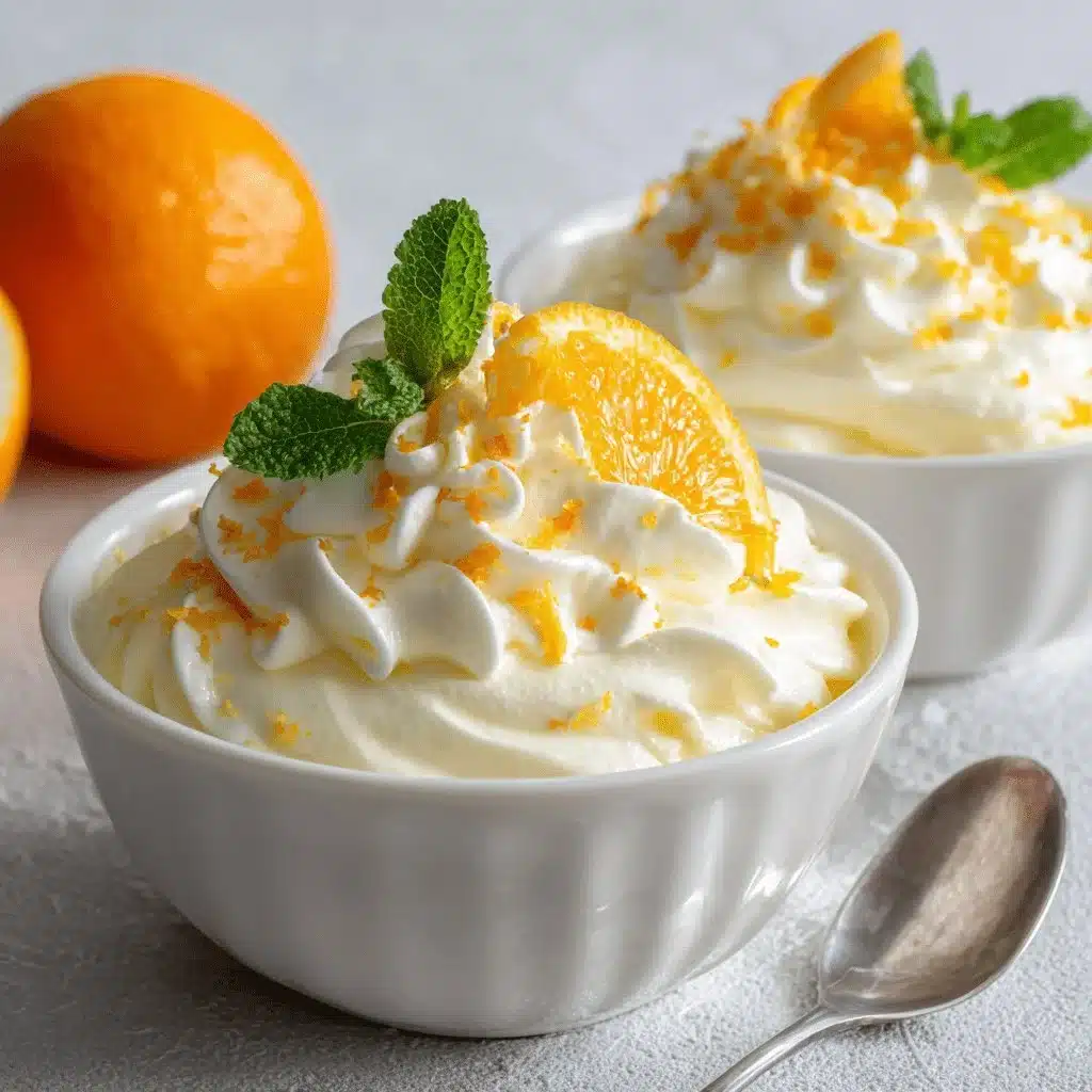 Citrus-infused white chocolate mousse with orange zest in a serving dish.