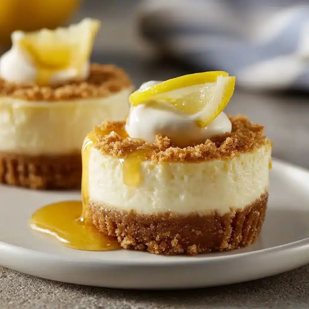 Creamy lemon cheesecake minis on a platter, garnished with fresh lemon slices.