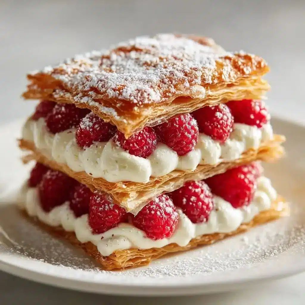 Delightful Raspberry Cream Mille-Feuille Bites 2 Delectable Raspberry Cream Mille-Feuille bites on a elegant dessert plate