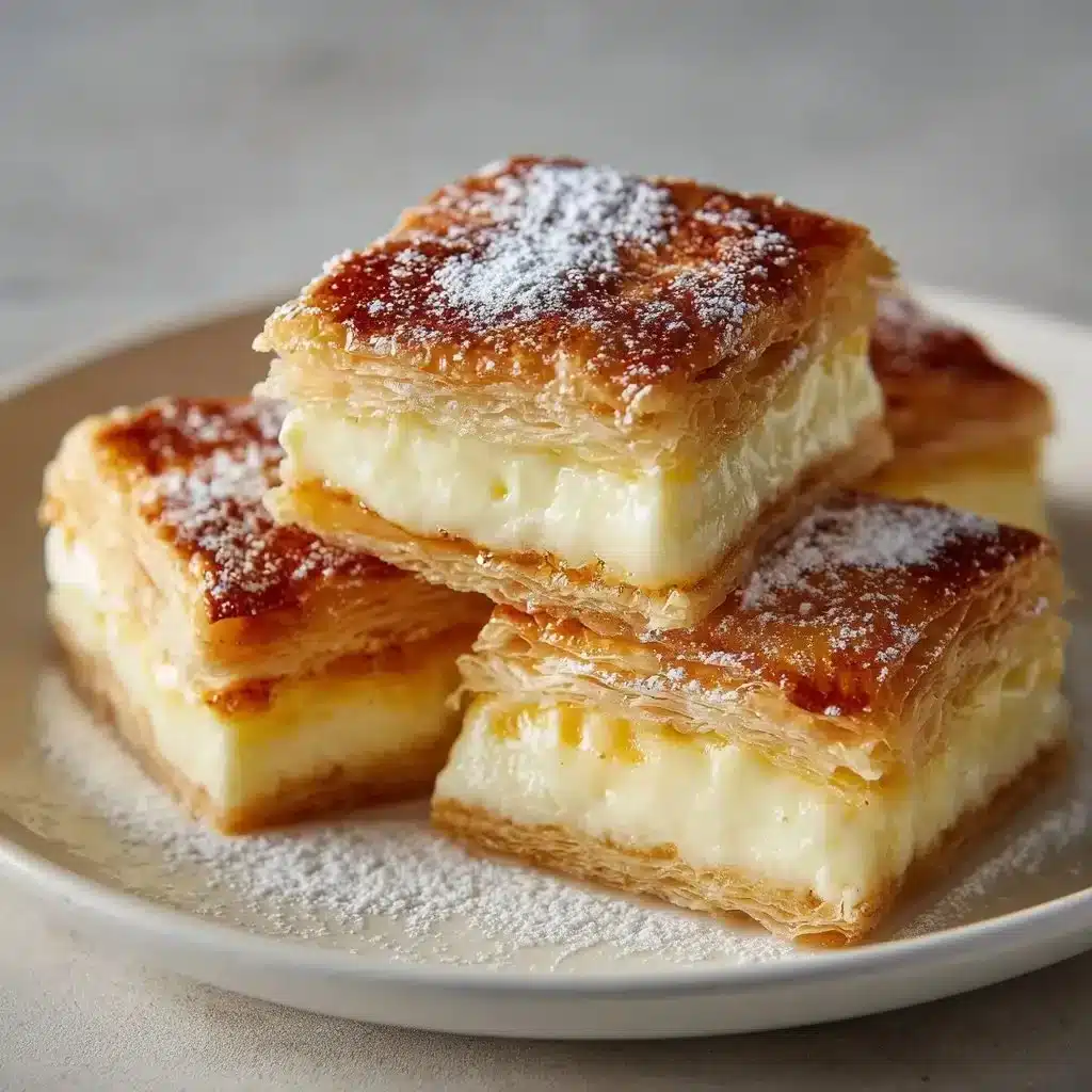 Flaky Vanilla Custard Squares — Creamy, Irresistible, and Easy to Make 2 Flaky vanilla custard squares topped with sugar on a plate.