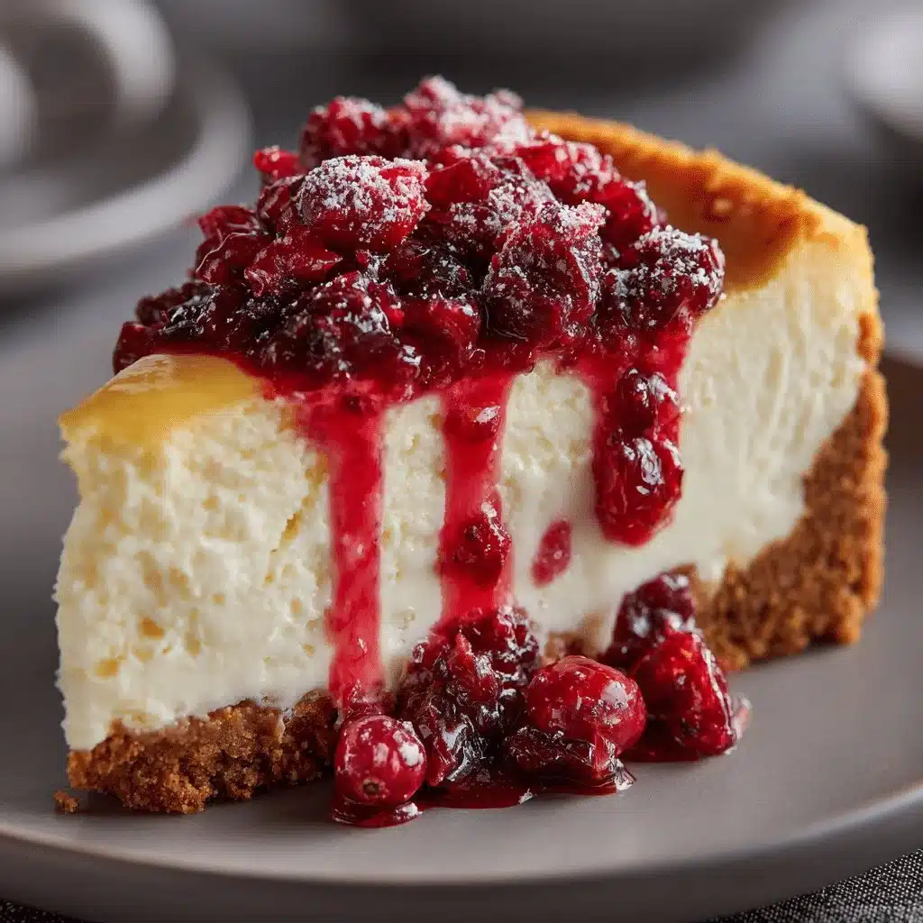Holiday Cheesecake with Cranberries and Orange Zest 3 Holiday Cheesecake topped with cranberries and orange zest on a festive table