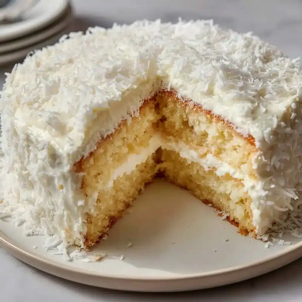 Low-calorie coconut cake dessert topped with coconut flakes