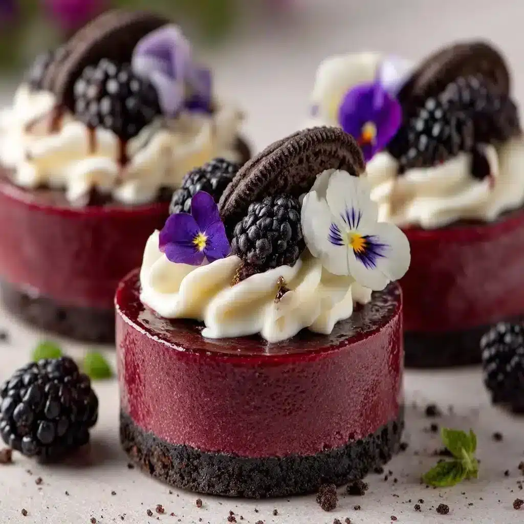 Mini Blackberry Mousse Cakes 2 Mini blackberry mousse cakes elegantly served as bite-sized desserts