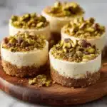 No-bake pistachio coffee mini cheesecakes topped with crushed pistachios