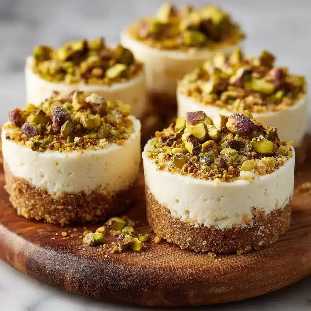 No-Bake Pistachio Coffee Mini Cheesecakes 2 No-bake pistachio coffee mini cheesecakes topped with crushed pistachios