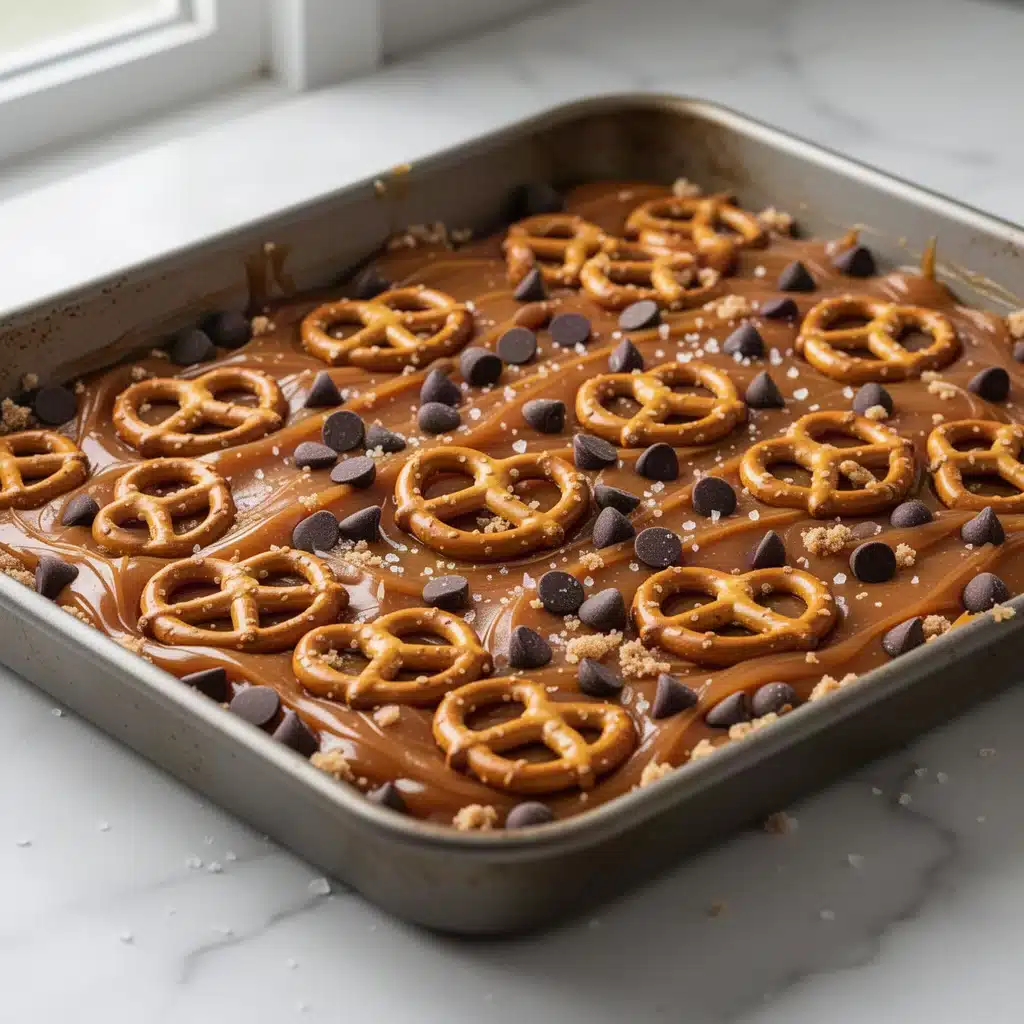 No-Bake Salted Caramel Crunch Bark with Pretzels