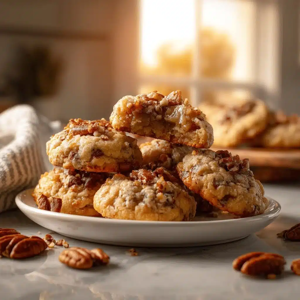 Pecan Pie Cookie Mashup: Chewy, Crunchy, Caramelized Goodness in Every Bite 3 Delicious pecan pie cookies showcasing chewy and crunchy textures with caramelized topping