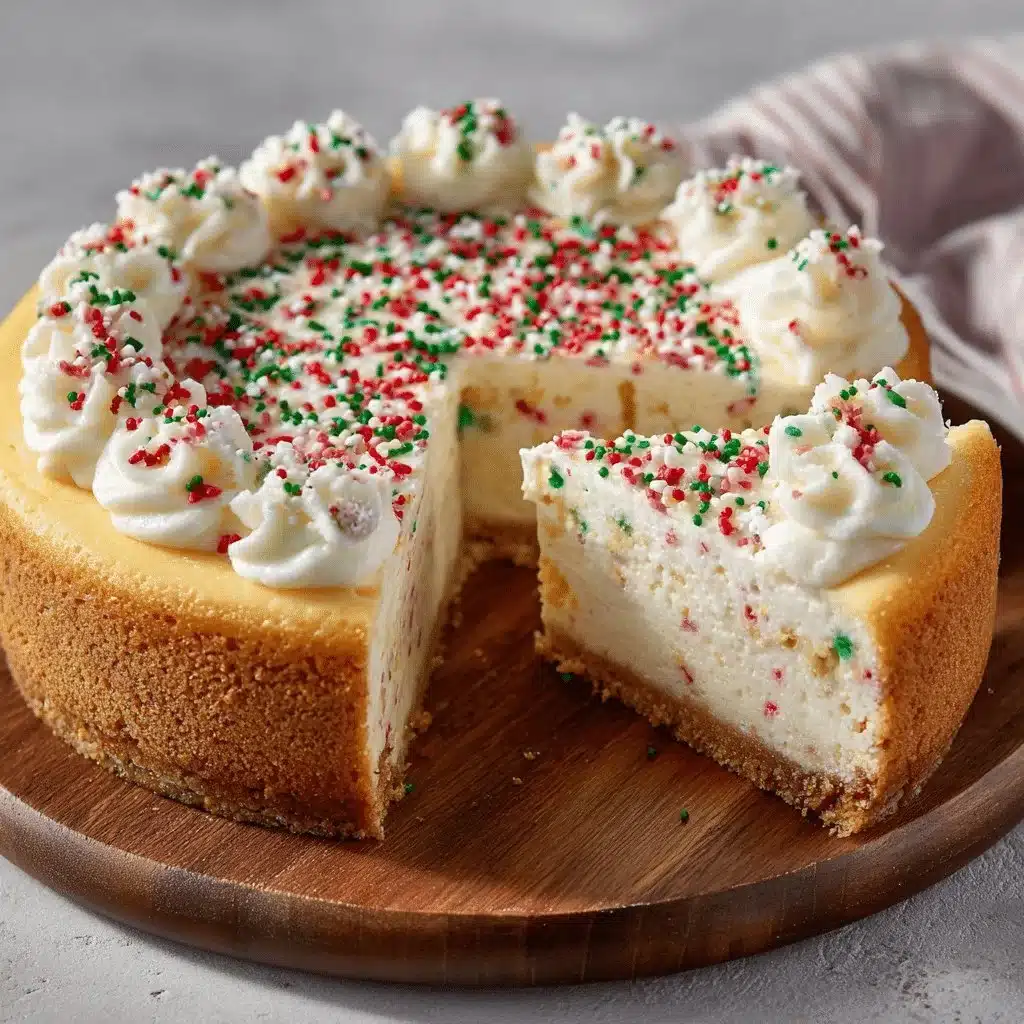 Silky cream cheese cheesecake topped with a sugar cookie crust