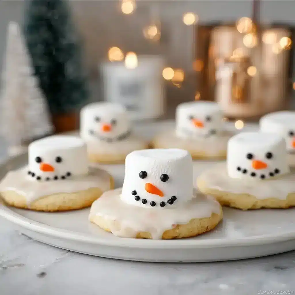Snowman Sugar Cookies Recipe 2 Decorated snowman cookies with melted icing for winter treats.
